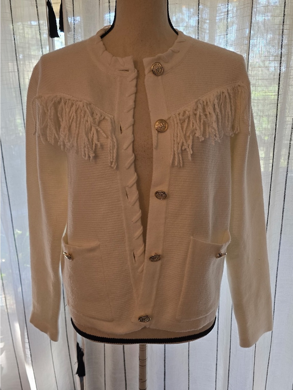 Women's Cream Fringe-Trim Button Front Cardigan